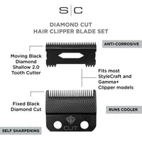 Stylecraft Replacement Diamond Cut Fixed Fade Hair Clipper Blade with Shallow Tooth 2.0 Moving Cutter Set (SC540B)